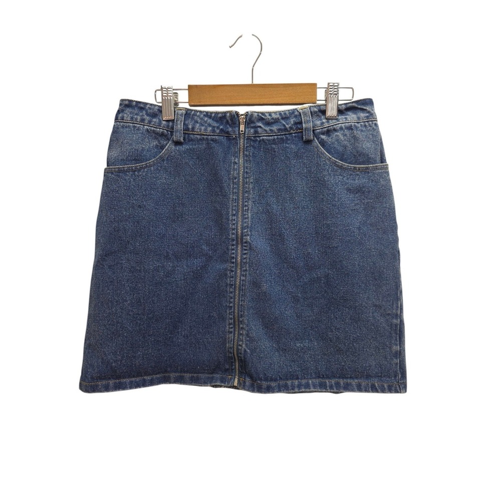 WILD HONEY Denim Mini Skirt M Medium Blue Jean Full Zip Front Cotton Casual Boho